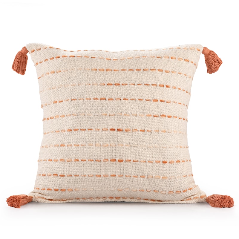 Sevita Torrent Variegated Stripe Cotton Blend Handmade 20"x20" Throw Pillow, with Tassels - Coral/ Ivory