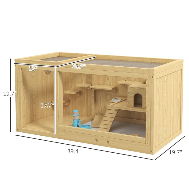 Natural Fir Wood Dwarf Hamster Cage with and Removable Tray Seesaw and Water Dispenser - 39.25" L x 19.75" W x 19.75" H