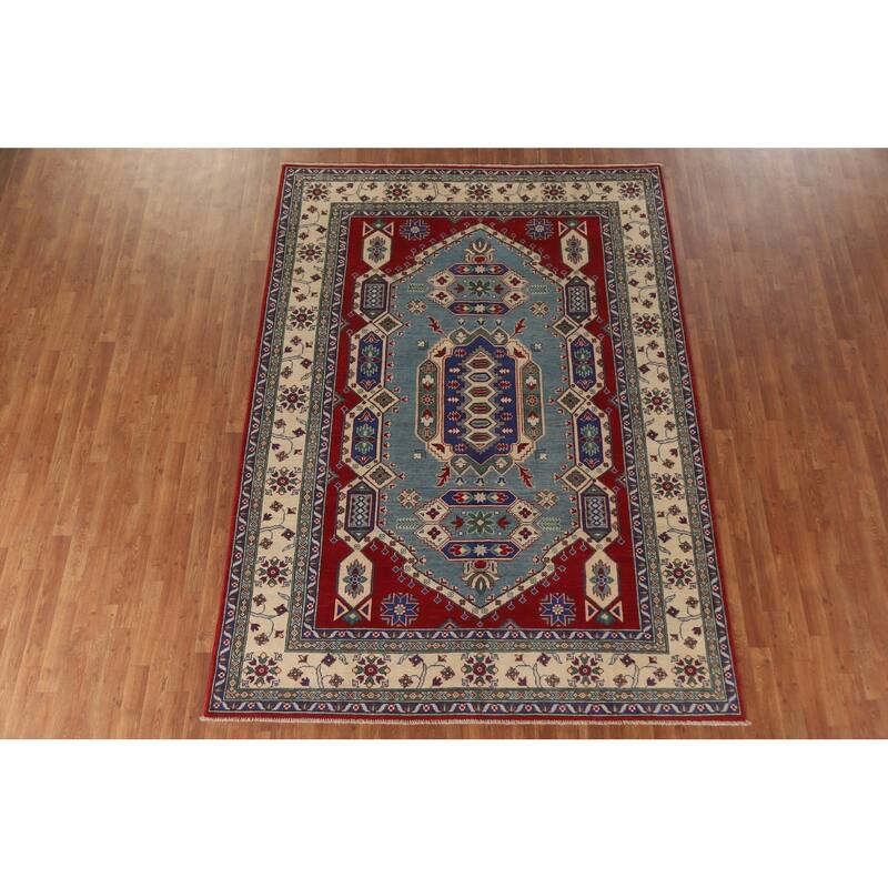 Hand Knotted Oriental 100% Wool Carpet Traditional Geometric Navy Blue & Blues Kazak Area Rug - 9' 7'' X 6' 10''