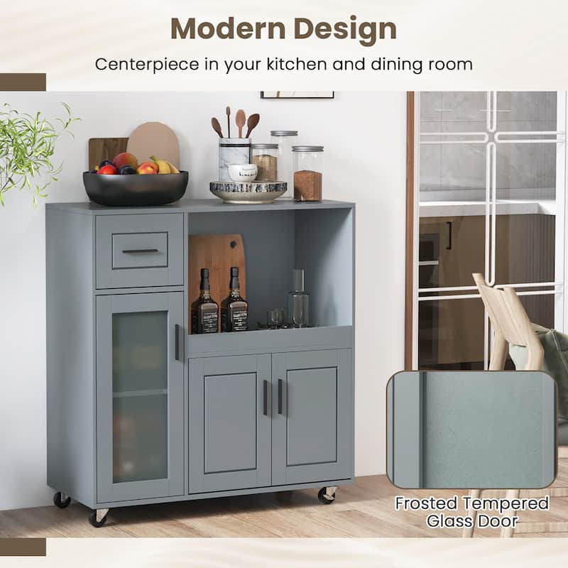Gymax Kitchen Island Cart on Wheels Microwave Cabinet w/ Frosted