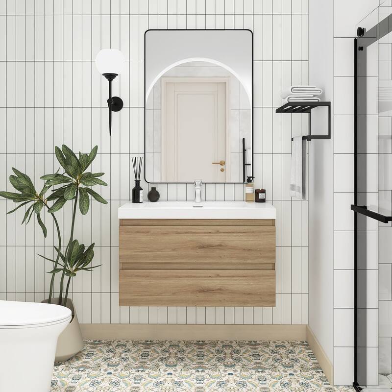 MDF Wall-Mounted Bathroom Vanity Set in Oak with Integrated Culture Marble Sink