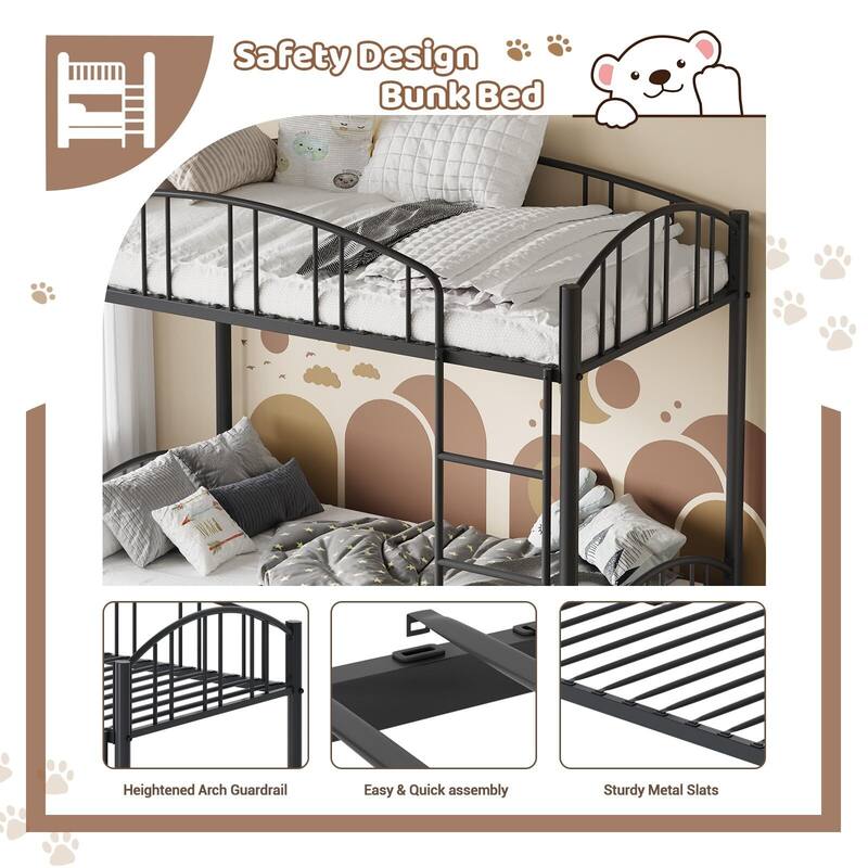 Metal Bunk Bed Twin Over Twin, with Arched Guardrail and Safety Ladder