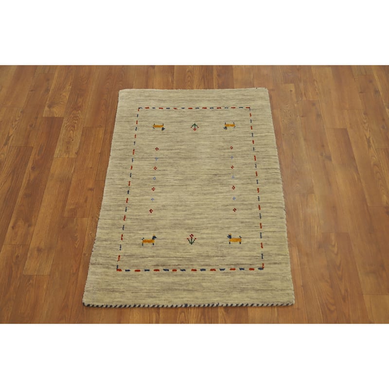 Hand Knotted Oriental 100% Wool Carpet Tribal Animal Pictorial Beige & Ivories Gabbeh Area Rug - 3' 0'' X 2' 0''