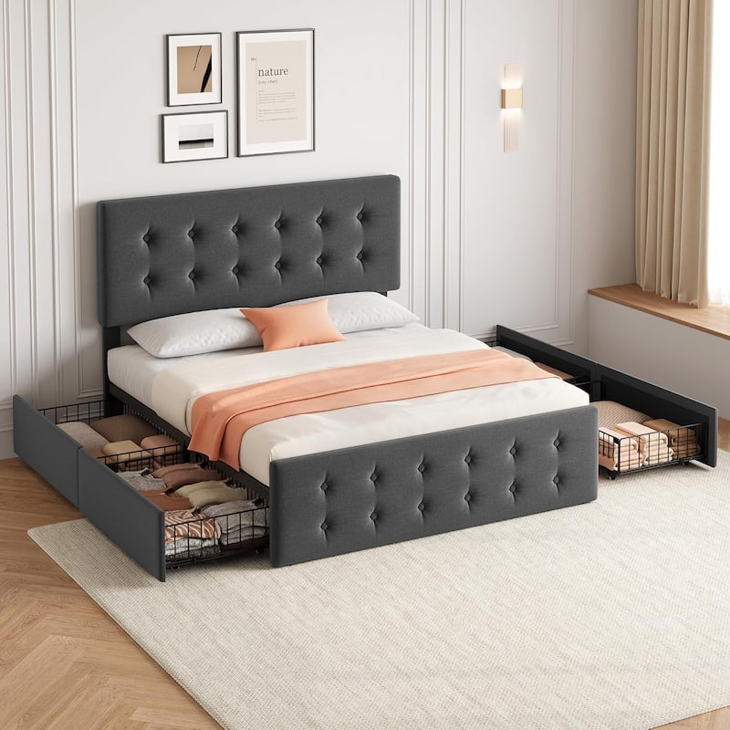 Bed Frame with Adjustable Headboard and 4 Storage Drawers - Dark Grey2 - Queen