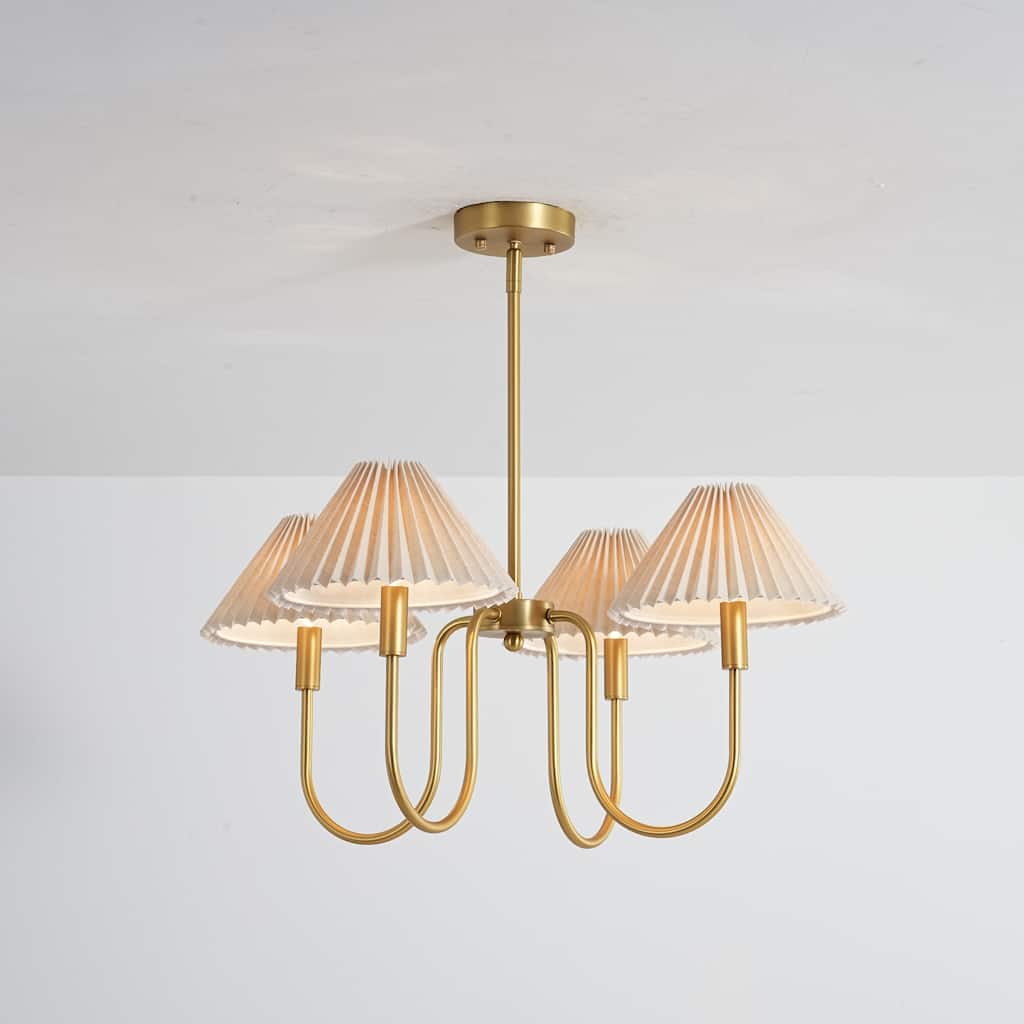 4-Light Mid-Century Modern Chandelier in Brushed Gold/Matte Black Chandelier with Pleated Shades for Living Room