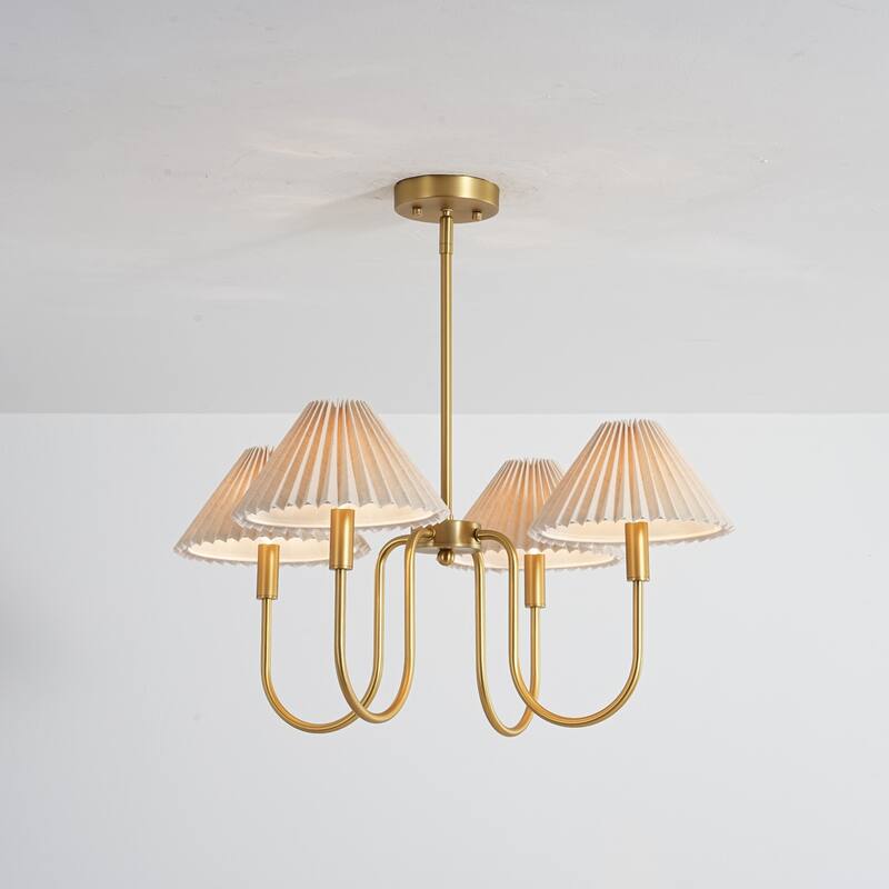 4-Light Mid-Century Modern Chandelier in Brushed Gold/Matte Black Chandelier with Pleated Shades for Living Room - Gold