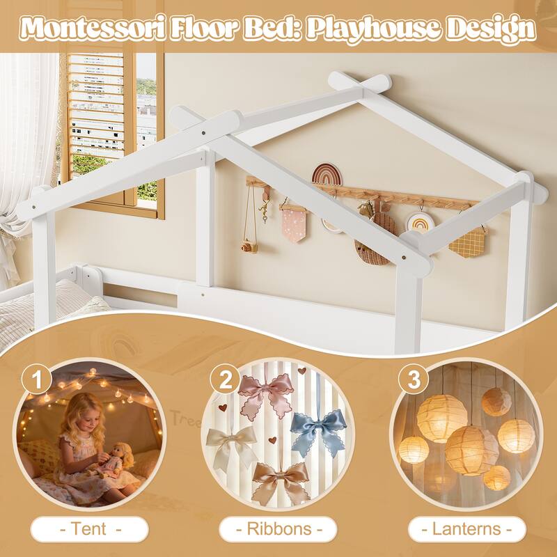 Full Size Floor Bed with Guardrails and Roof, Kids House Floor Bed with a Small Built-in Tray and Free-installed Signboard