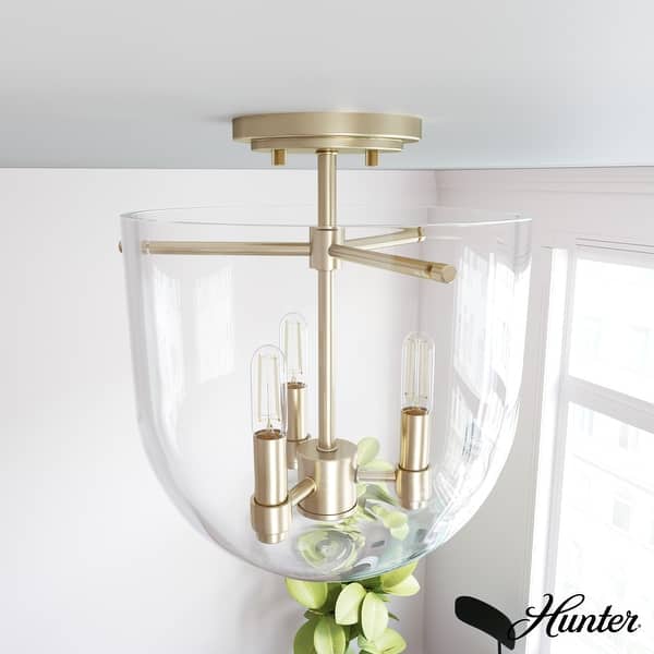 slide 2 of 8, Hunter Sacha 3-Light Semi-Flush Mount Ceiling Light w/ Clear Glass - Entry, Dining Room, Kitchen Table - Modern, Low-Profile Alturas Gold