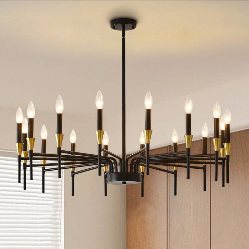 48-Inch Modern Black Farmhouse Chandelier，16-Light Industrial Round Hanging Light Fixture