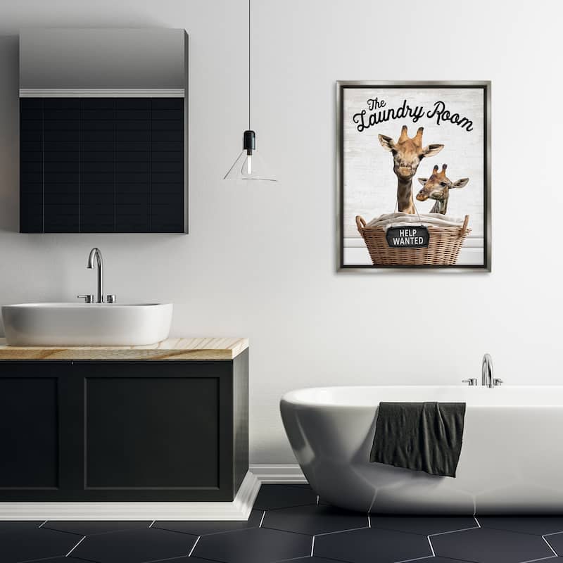Stupell Help Wanted Laundry Room Giraffes Framed Floater Canvas Wall Art Design By Lettered and Lined