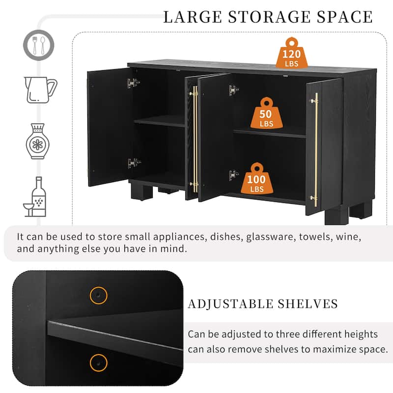 Black Minimalist Sideboard with Adjustable Shelves and Gold Handles