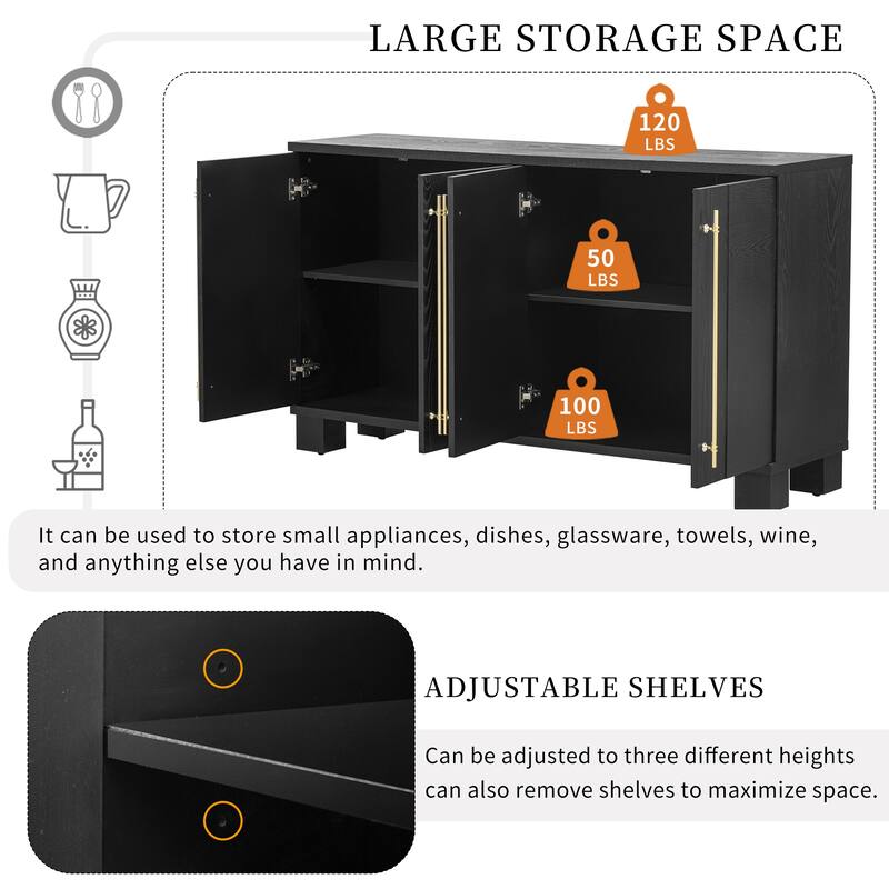 Black TV Cabinet Buffet Cabinet Console Table Adjustable Shelves Sideboard