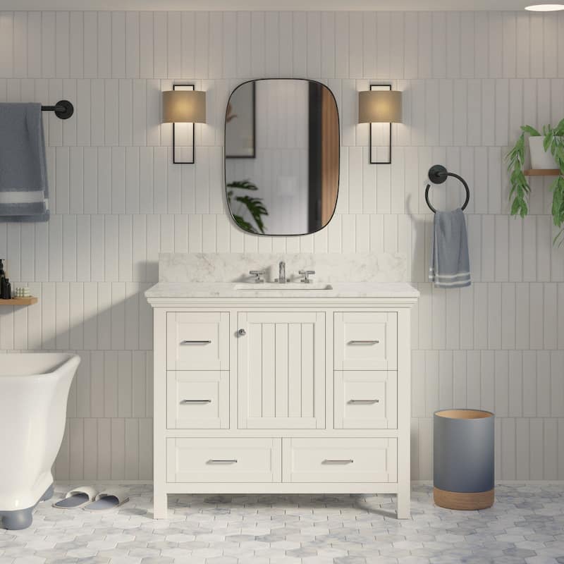 KitchenBathCollection Paige 42" Bathroom Vanity with Carrara Marble Top - White