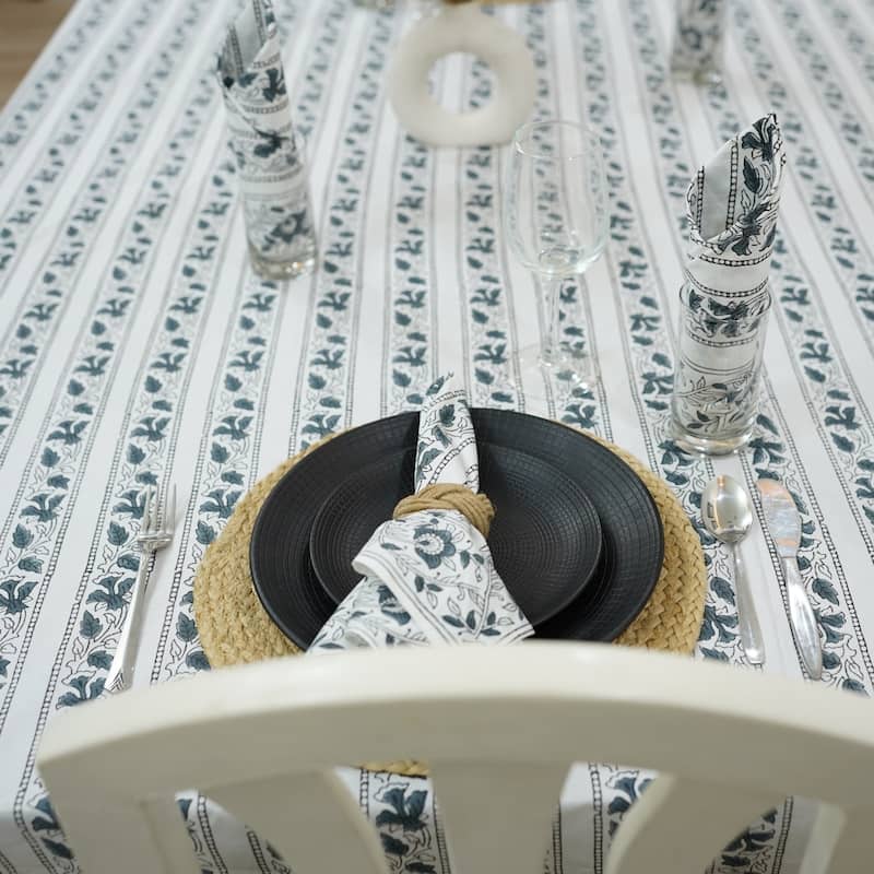 Fabdivine Handmade Block Print Cotton Table Cover Farmhouse Dining Kitchen Decor Gift - 60"X108" - Aradhna- Grey, White