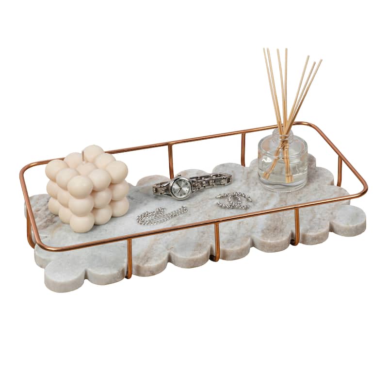 Monarch Modern Industrial Metal/Marble Scalloped Base Vanity Tray - Beige Marble Rose Gold