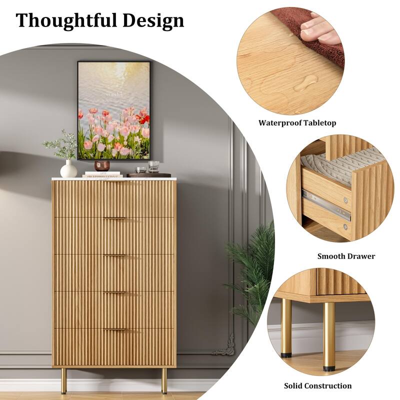 5 Drawer Fluted Dresser for Bedroom, Modern Wooden Storage Chest with Gold Handles