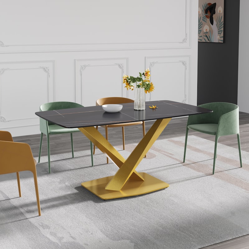 63" Modern Dining Table with Slate Stone Top and Metal Legs, Marble Dining Table - Black&Gold
