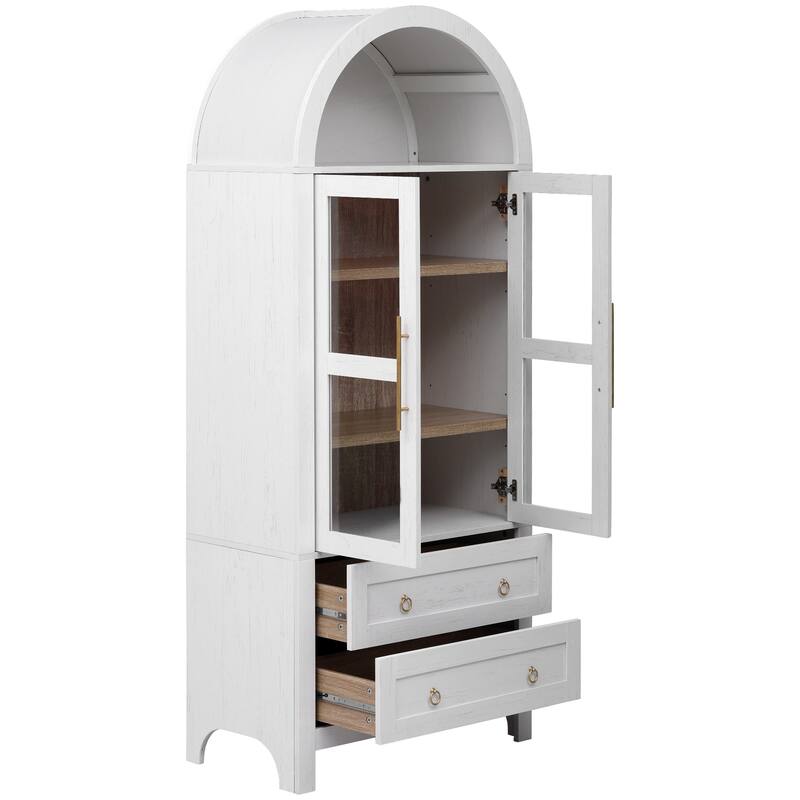 71" Tall Arched Kitchen Pantry Cabinet - 2 Large Drawers, Glass Door, Adjustable Shelves