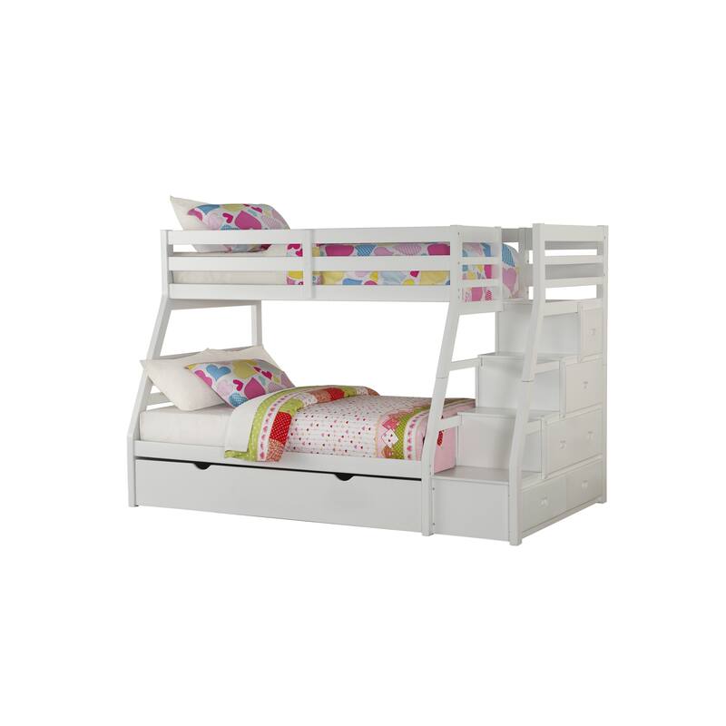 Twin/Full Bunk Bed with Trundle, Storage Ladder, and Drawers in Jason White Finish