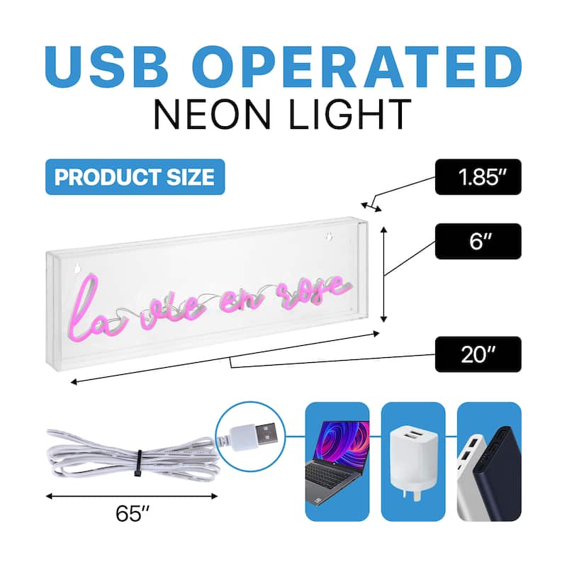 La Vie En Rose 20" X 6" Contemporary Glam Acrylic Box USB Operated LED Neon Light, Pink by JONATHAN Y - 20" X 6"