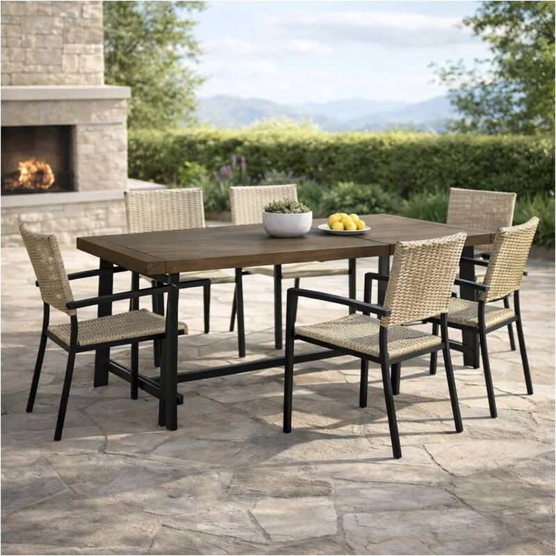 Leslee Outdoor Dining Table, Brown Top, Black Wood Rectangular 79 Inch