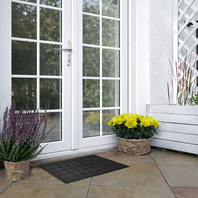 Outdoor Mat Drew Checkerboard Rubber Rug 24x16 Inch Black - 16 W x 24 L x 1/4 H