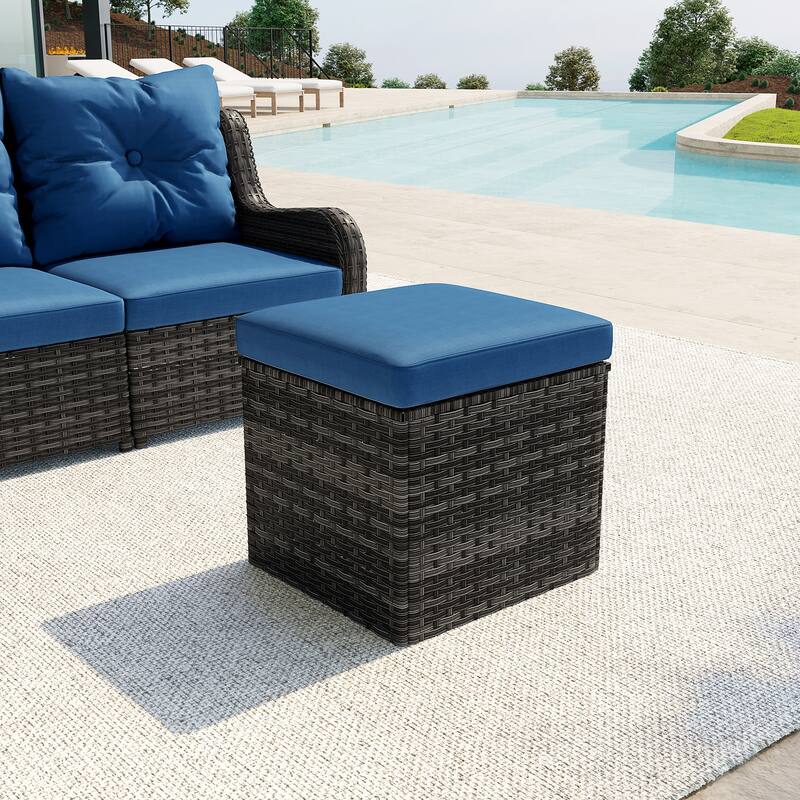 Outdoor 17.7" W Square Rattan Ottoman Patio Ottoman with Seat Cushion