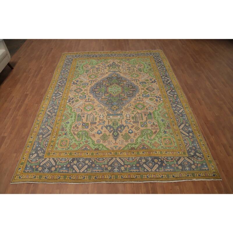 Hand Knotted Oriental 100% Wool Carpet Traditional Floral Peach Tabriz Area Rug - 11' 0'' X 8' 2''