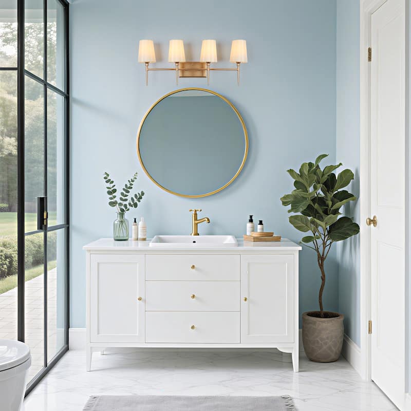 Barr Mid-Century Modern Gold 4-Light Bathroom Vanity Lights Fabric Wall Sconces - W 29" x D 6.5" x H 12"