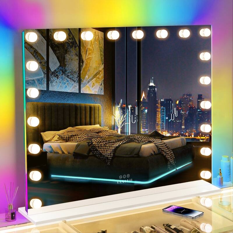 VANITII Hollywood Makeup Vanity Mirror With RGB Strip 20 LED Bulbs Wall Mount White