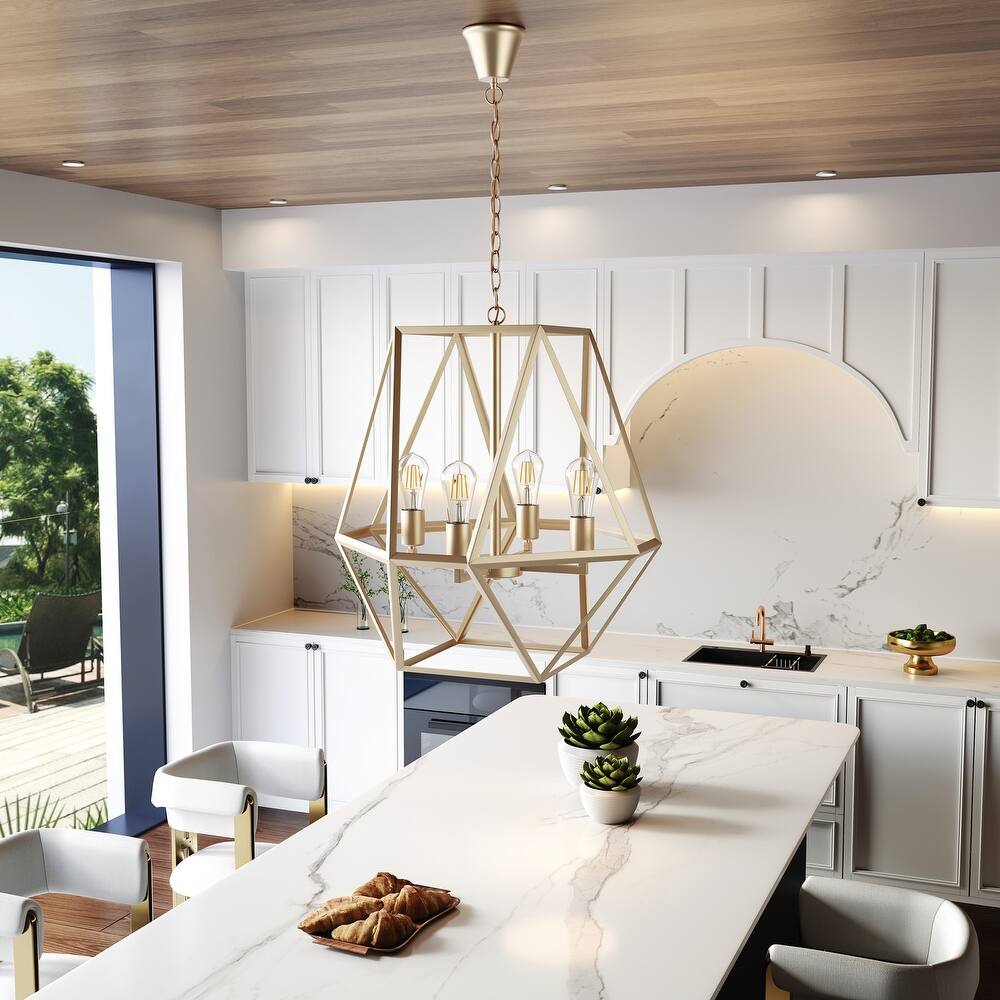 Industrial Painted Gold 4-Light Geometric Metal Frame Pendant Light