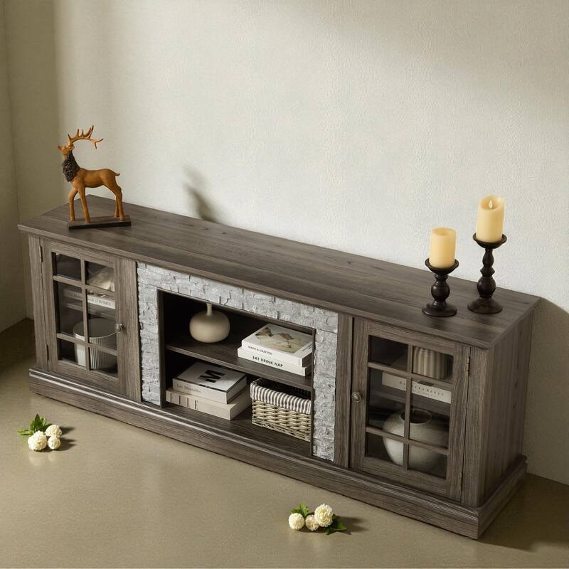 70'' Modern TV Stand for 75'' TV, Faux Stone Media Console with Cabinets, Cable Management & Adjustable Shelves