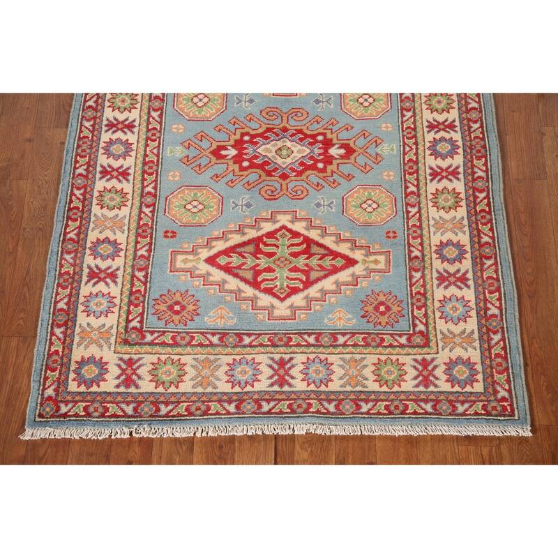 Light Blue Kazak Accent Rug Handmade Wool Carpet - 3'4"x 4'9"