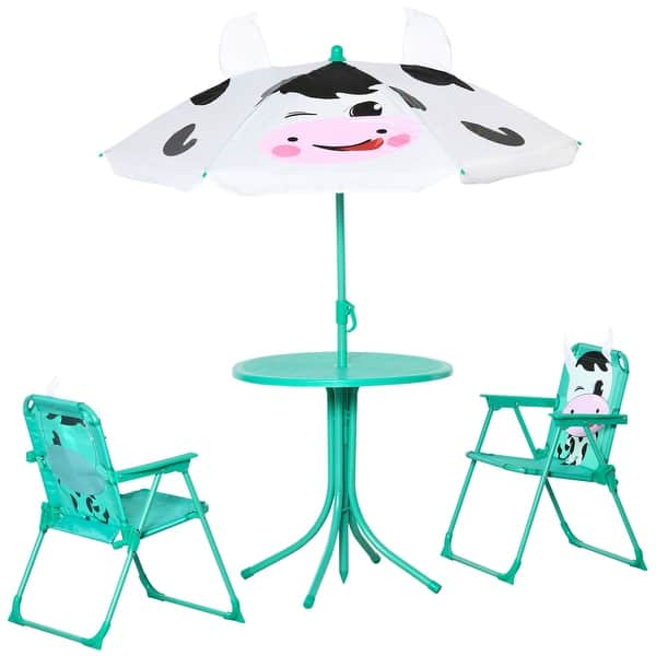 slide 2 of 5, Outdoor Dairy Cow Pattern Kids Folding Table and Chair Set with Adjustable Sun Umbrella White & Green