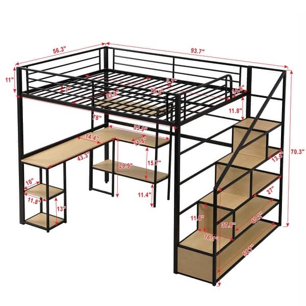 Full Size Metal Loft Bed with Staircase, Built-in Desk and Shelves in Black