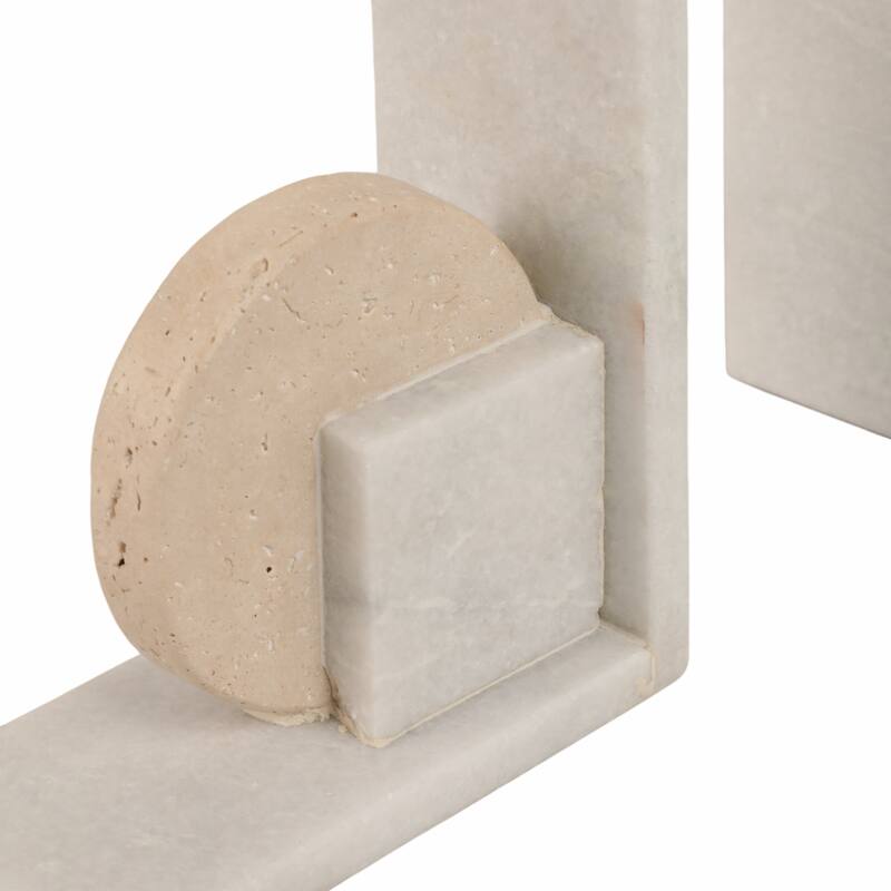 Decorative Geometric Marble Bookends - Set of 2 , 6", White & Tan - 6.0"