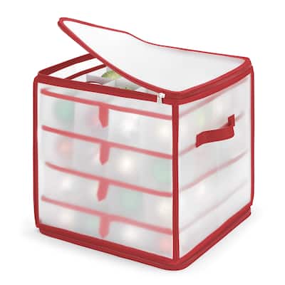 Whitmor Christmas Ornament Cube with 64 Compartments with Removable Trays - Frosty w/Red Trim