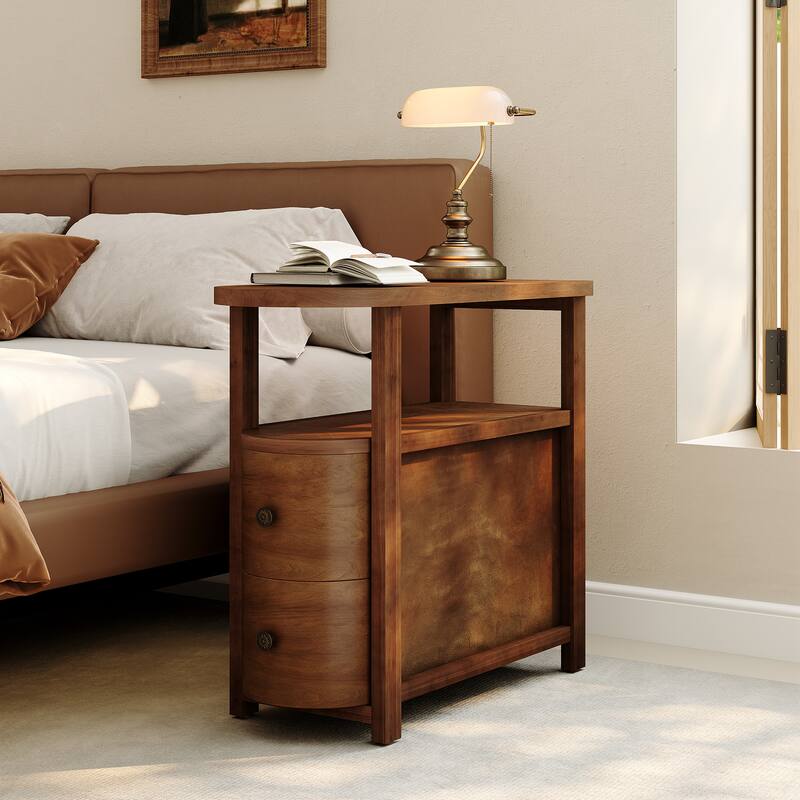 2 Drawer Solid Wood Side End Table, Fully Assembled, Narrow Slim Design