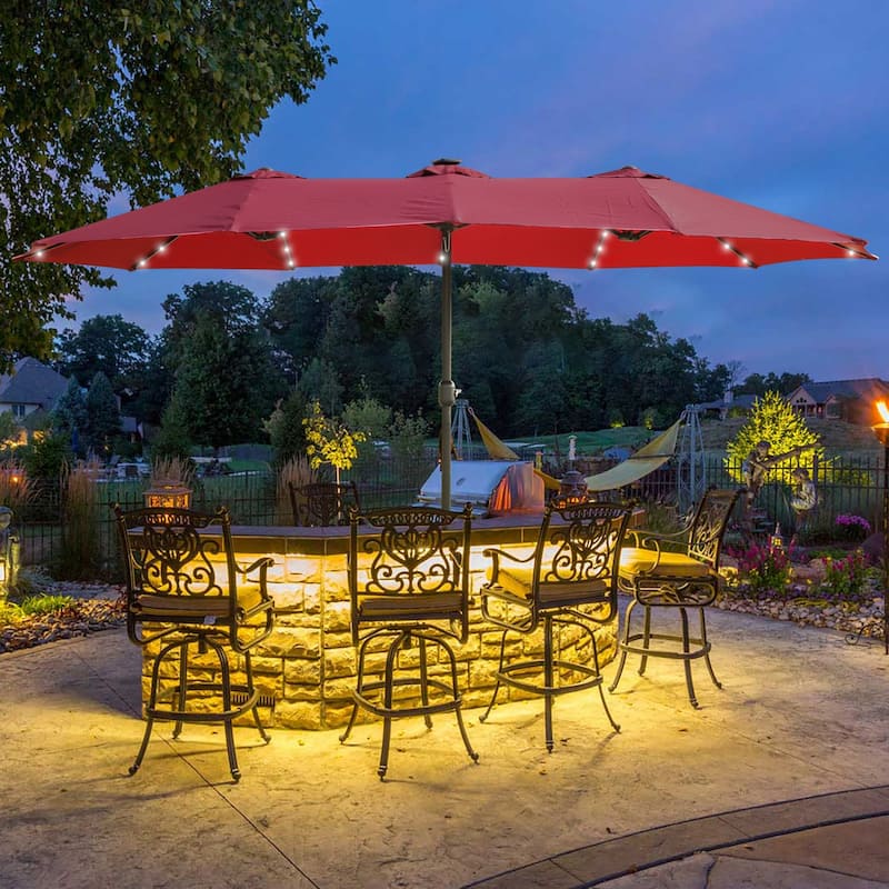 15x9FT Large Double-Sided Rectangular Outdoor Twin Patio Market Umbrella with Light and Base