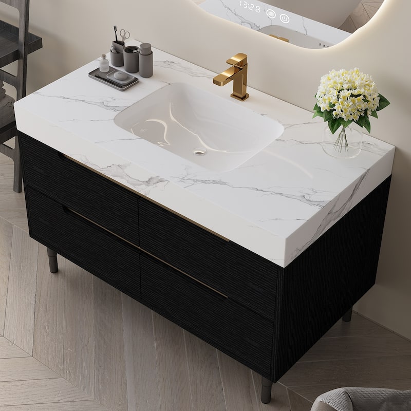 35.4" Modern Bathroom Vanity with Undermount Sink,Waterproof Multi-Layer Solid Wood,4 Drawers Storage,Free-Standing/Wall-Mounted
