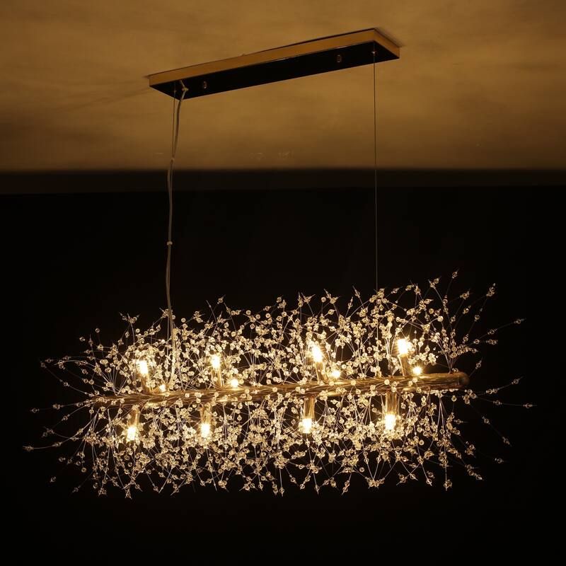 9/12-Light Linear Sputnik Crystal Beaded Pendant Light Firework Starburst Crystal Chandelier for Dining Room