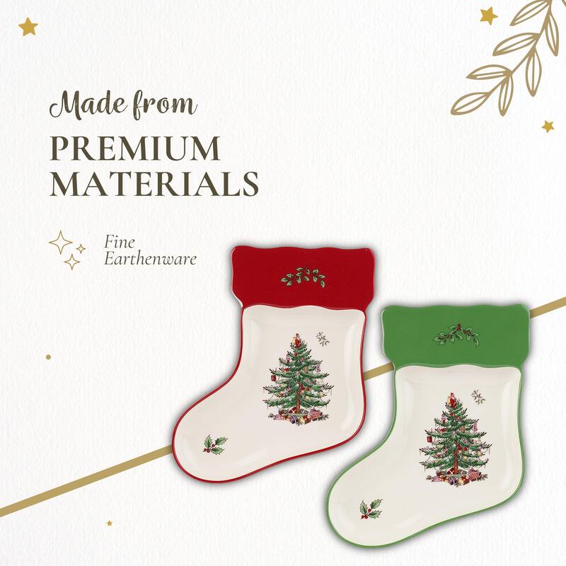 Spode Set of 2 Christmas Tree Stocking Dishes - 7" L x 5.5" W