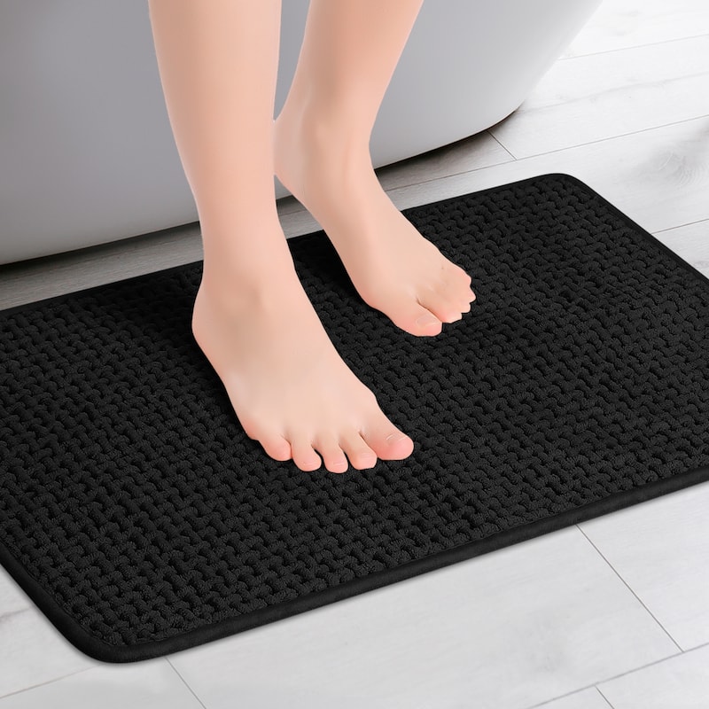 Chenille Bathroom Rugs, Non Slip Bath Mat Carpet for Bathroom Floor, Shower - Black