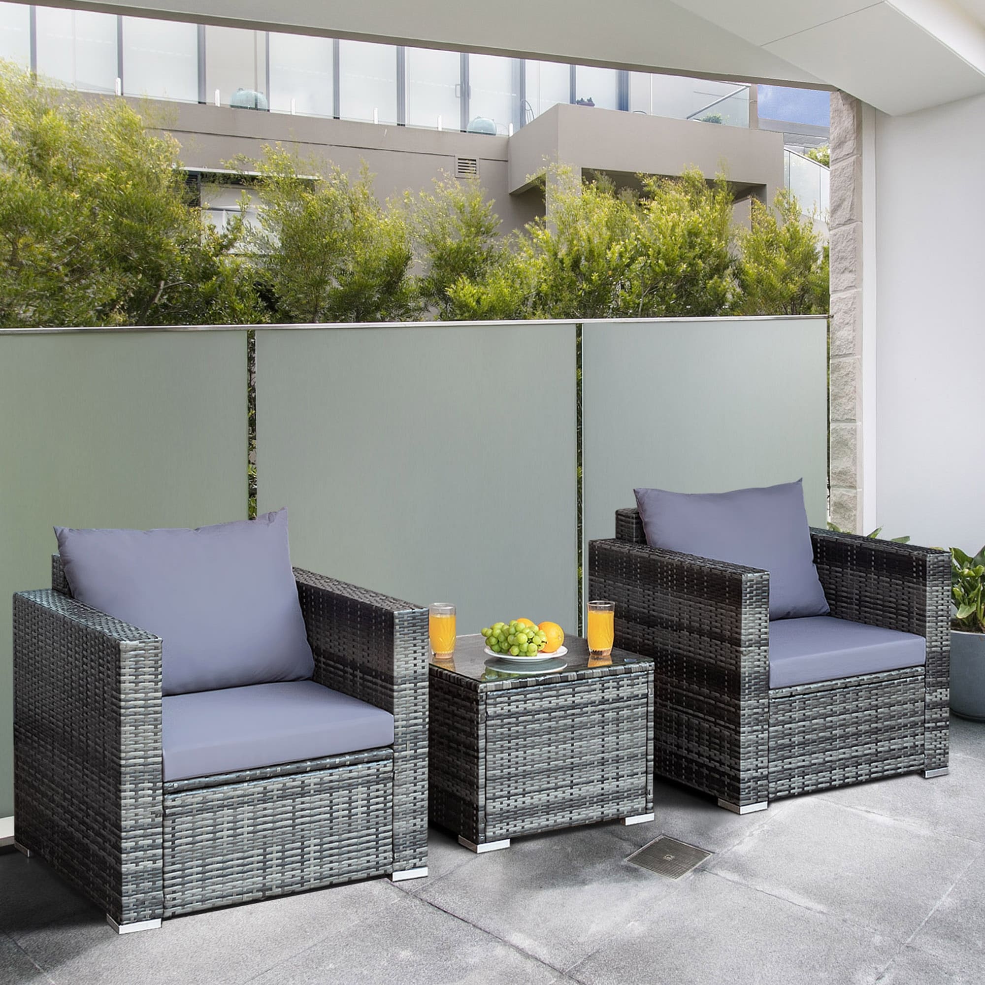 Gymax 3PCS Rattan Patio Conversation Set Outdoor Furniture Set w/ - See Details