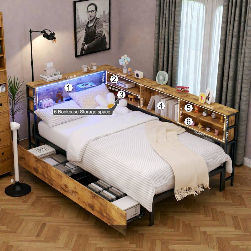 Twin Corner Bed Frame with Bookcase Storage, Drawers, Charging Station & LED Lights, Space-Saving Kids Daybed Unit
