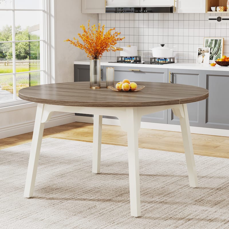 47 Inch Round Dining Table for 4, Farmhouse Kitchen Table - Brown and White