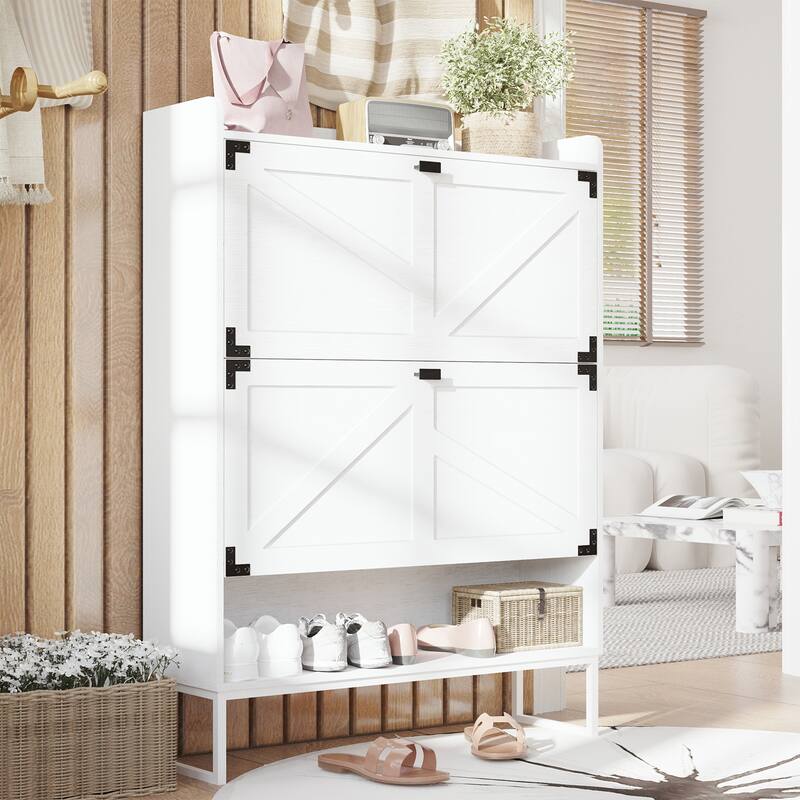 Narrow Rack Shoe Cabinet with 2 Flip Drawers and Open Shelf
