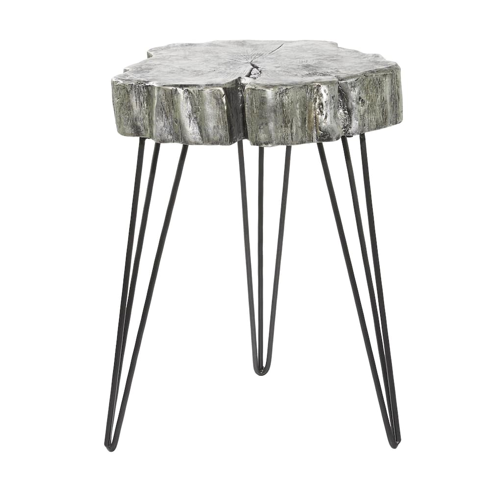 Polystone Tree Trunk Side End Accent Table with Black Hairpin Legs - Gray, Gold - Roche River Decor