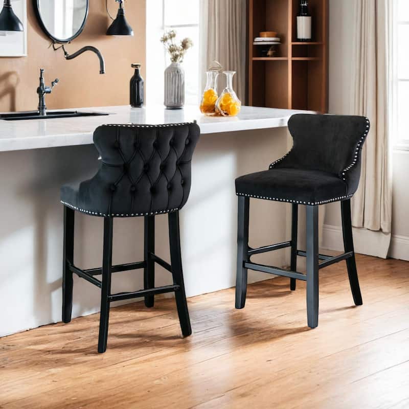 Contemporary Velvet Upholstered Wing-Back Barstools with Button Tufted Decoration and Wooden Legs, Set of 4