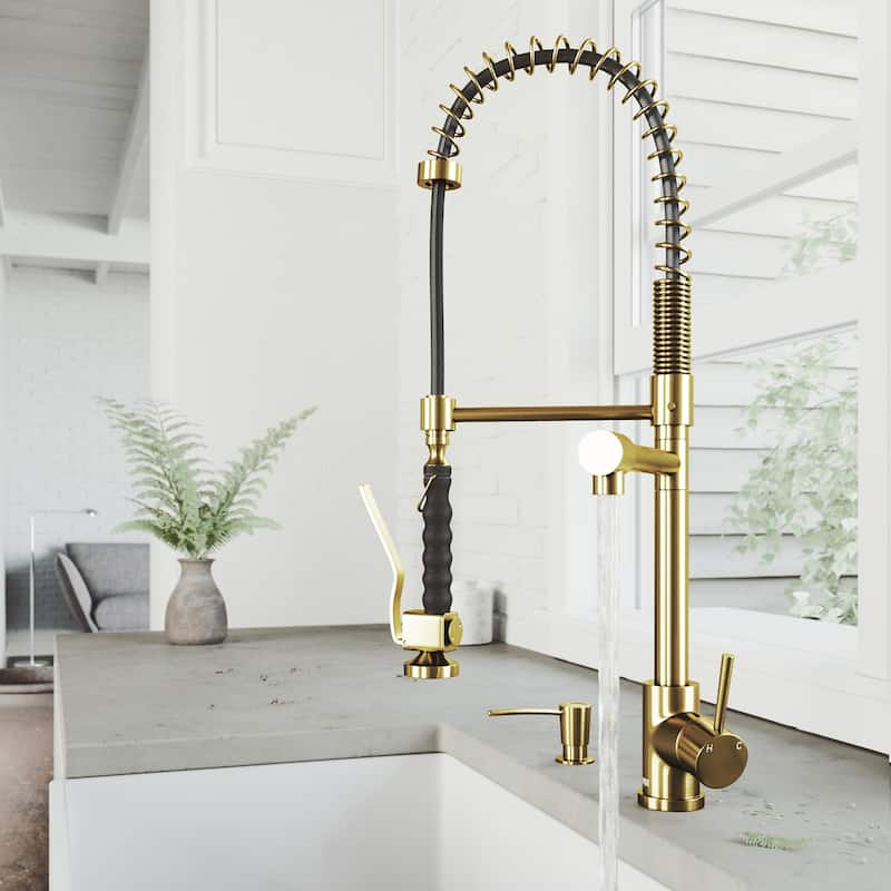 VIGO Zurich 27" H Single Handle Pull-Down Sprayer Kitchen Faucet - With Soap Dispenser - Matte Brushed Gold